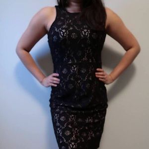 H & M Black Lace Bodycon Dress Midi Length